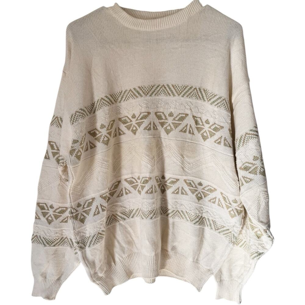 Vintage Cream 3D Geometric Knit 90s Sweater Men’s Size Large